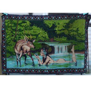Vintage RT RTC Velvet Felt Tapestry Nude Nymph Fairy Goddess Gazelle 48 x 32